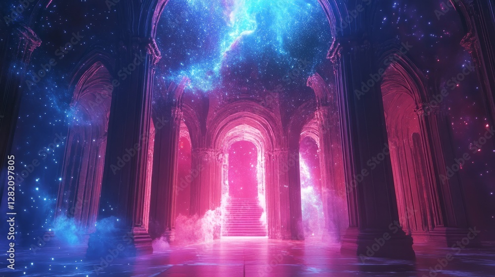 Obraz premium Celestial palace among stars, radiant and divine, glowing architecture, cosmic royalty
