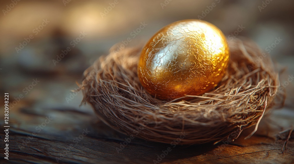 A golden egg nestled in a rustic nest on a wooden surface, symbolizing wealth and opportunity A golden egg nestled in a rustic nest on a wooden surface, symbolizing wealth and opportunity