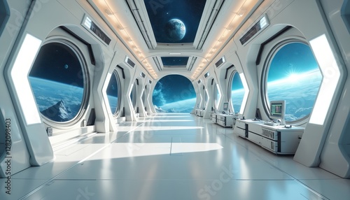 Fototapeta Naklejka Na Ścianę i Meble -  Futuristic spaceship hallway with panoramic view. Bright modern lab interior in 3D rendering. Space station with earth view through windows. Virtual reality environment. Science fiction concept.
