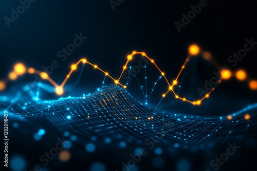 Bright blue and orange digital wave pattern with interconnected dots illustrating data flow and connections in technology