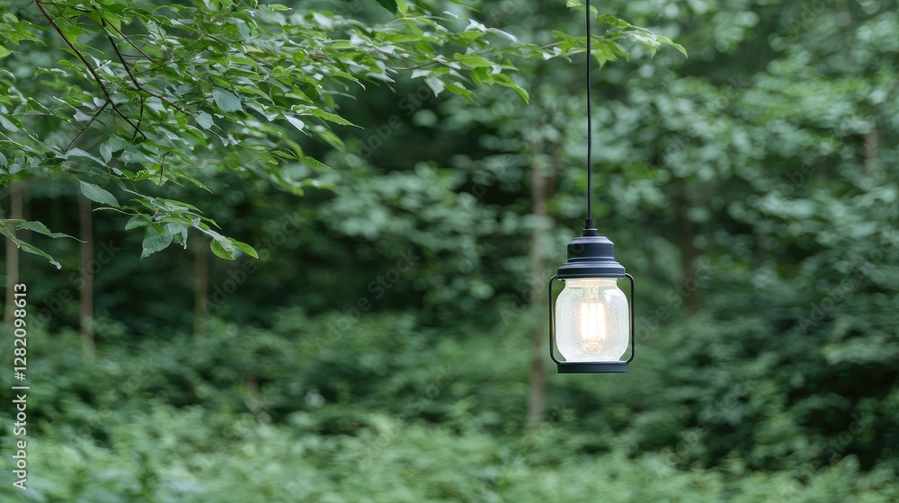 Hanging lantern in a lush forest