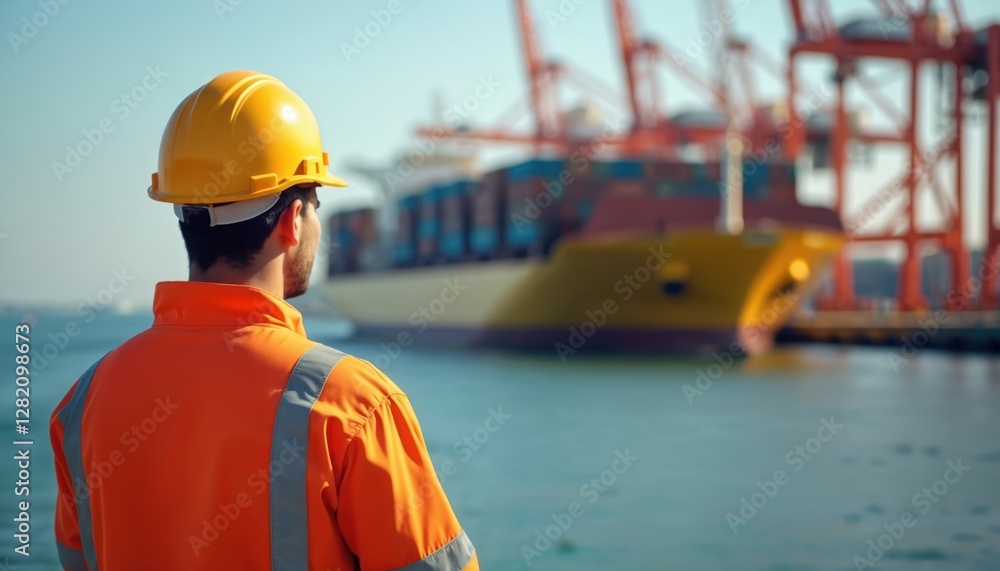 Shipyard worker oversees docked container ship at port. Man watches cargo vessel. Logistics expert inspects freight transport. Maritime employee monitors shipment. Dock worker views international Shipyard worker oversees docked container ship at port. Man watches cargo vessel. Logistics expert inspects freight transport. Maritime employee monitors shipment. Dock worker views international