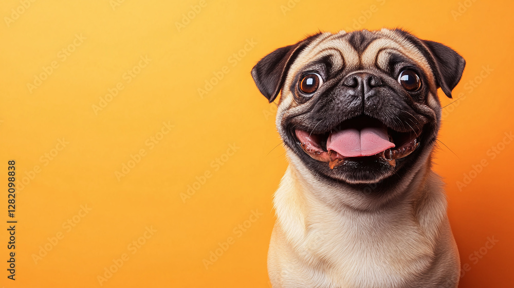 Happy and funny pug dog on a completely orange background with space for text. Happy and funny pug dog on a completely orange background with space for text.