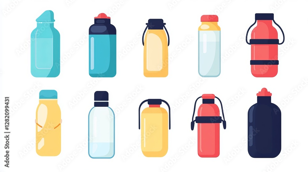 It looks like you need a vector illustration of a set of water bottles with carry straps, featuring different types like gym bottles, school bottles, fitness flasks, and sports bottles. It looks like you need a vector illustration of a set of water bottles with carry straps, featuring different types like gym bottles, school bottles, fitness flasks, and sports bottles.
