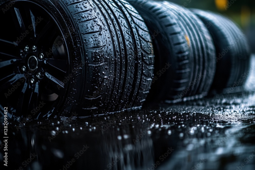 Fototapeta premium Wet tires lined up on a slick surface during a rainy day in a city environment showcasing reflection and texture