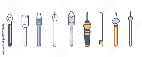 Flat icons set of leathercrafting tools in linear style.