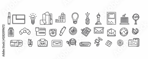 Linear flat office and technology icons set including light bulb, envelope, and camera.