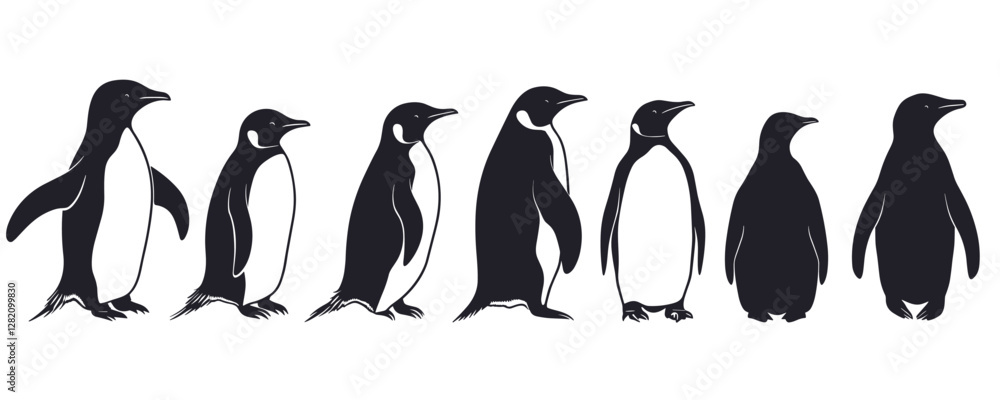 Obraz premium Flat linear penguin icons set: vector silhouette designs in various poses.