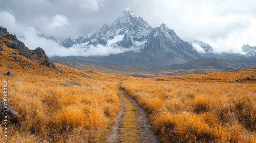 Mountain Path Through Golden Grasslands Under Cloudy Sky Mountain Path Through Golden Grasslands Under Cloudy Sky