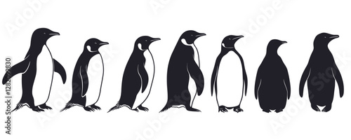 Flat linear penguin icons set: vector silhouette designs in various poses.