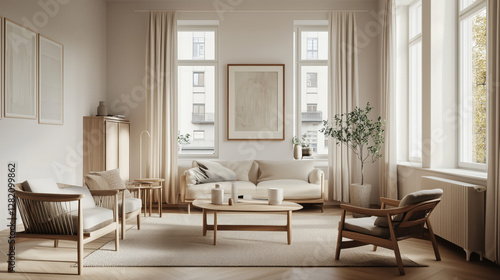 Wallpaper Mural Elegant Frame Mockup Displayed in a Serene Scandinavian Living Room Featuring Light Wooden Furniture, Soft Textiles, and Minimalist Decor, Creating a Calming and Inviting Atmosphere Torontodigital.ca