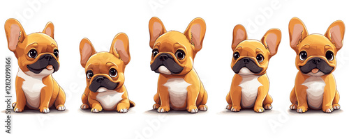 Flat vector icons set of cute french bulldogs in various poses.