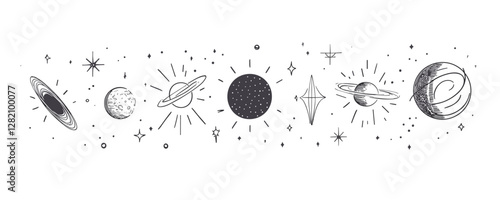 Celestial bodies linear icons set in flat style - space-themed vector art.