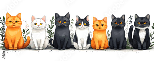 Flat vector icons set of cute cats with various fur colors and expressions.