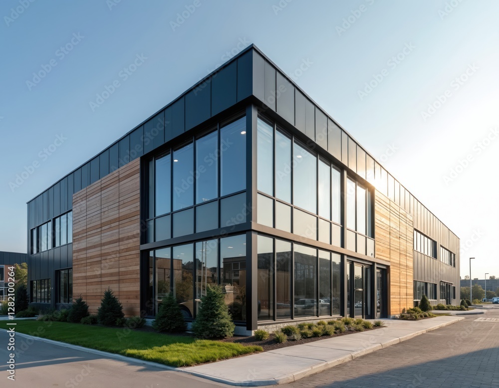 Obraz premium Wide angle of modern industrial building with stylish architecture, wooden facade, blue sky. Commercial real estate, corporate structure exterior. Day sunlight, urban city landscape, innovative
