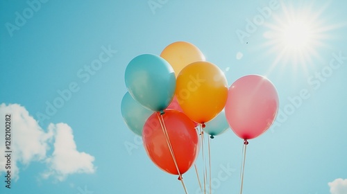 Colorful balloons floating in a bright blue sky with fluffy white clouds