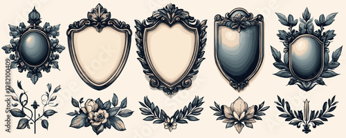 Flat vector icons set of ornate shields and floral elements.