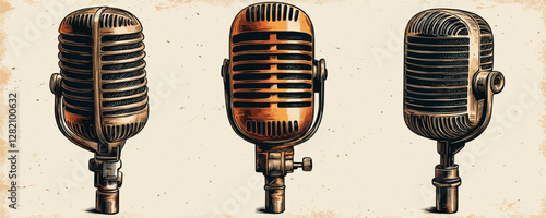 Vintage microphones vector icons set in linear style with classic designs.
