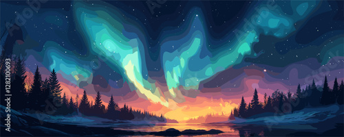 Stunning vector flat icons set: northern lights and forest in night sky scene.