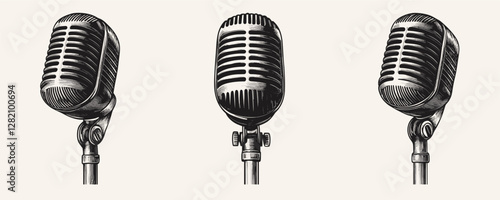 Flat linear icons set of vintage microphones vector for music and audio design.