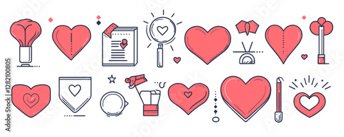 Flat love and romance icons set in linear style.