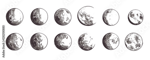 Phases of the moon vector icons set in linear style.