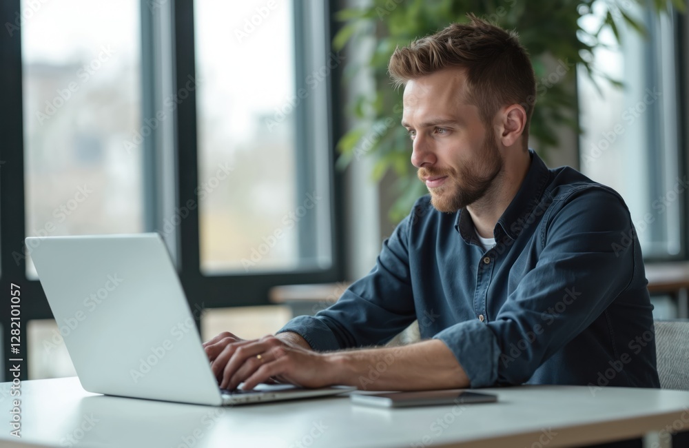 Man works at laptop in office. Businessman using computer, browsing internet. Caucasian male with beard types on keyboard. Modern workplace. Remote work at home. Side view, close-up shot. Man works at laptop in office. Businessman using computer, browsing internet. Caucasian male with beard types on keyboard. Modern workplace. Remote work at home. Side view, close-up shot.