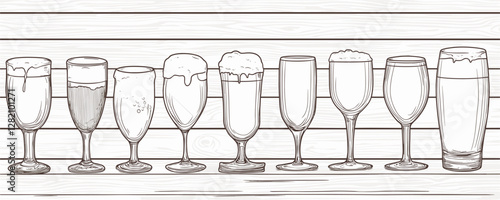 Linear icons set of different beer glasses on wooden background.