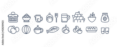 Flat linear icons set of baby food containers and snacks.