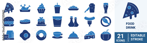 Food and drinks line web icons. Restaurant, Fast food. Burger, donut, pizza, ice cream, coffee. Editable stroke.