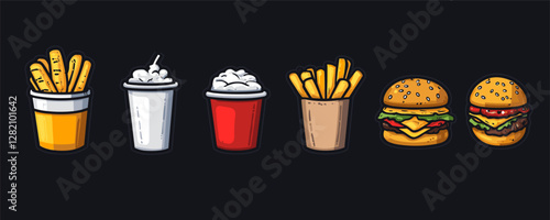 Flat fast food icons set with burgers, fries, and drinks - vector style.