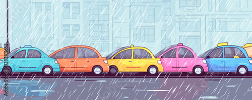 Flat linear icons set of colorful cars in rainy city vector illustration.