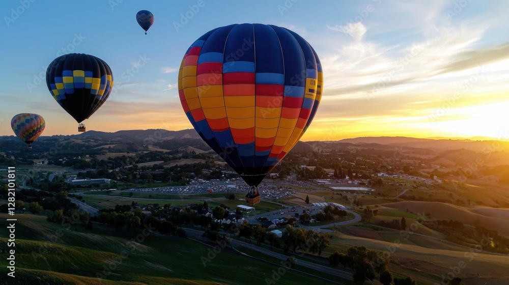 Naklejka premium Three vibrant hot air balloons float gracefully over rolling hills, with a golden sunset illuminating the sky and creating a serene backdrop for the scenic view