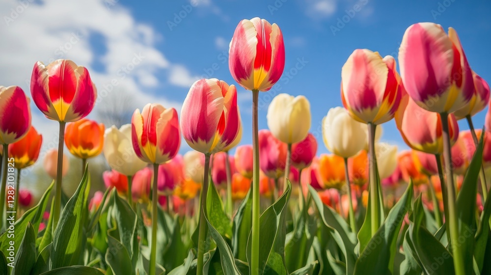 A meadow brimming with vibrant tulips in full bloom, creating a stunning and colorful scene with the flowers standing tall against a bright blue sky. A meadow brimming with vibrant tulips in full bloom, creating a stunning and colorful scene with the flowers standing tall against a bright blue sky.