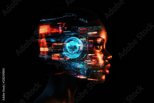 Intricate cybernetic profile showcasing futuristic mechanical structures and a glowing robotic eye. Generative AI photo