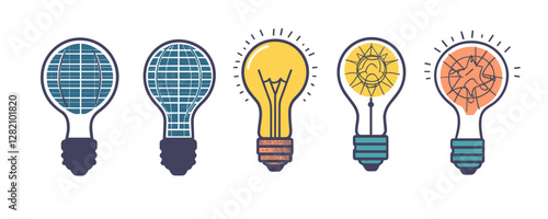 Flat icons set of creative lightbulbs in linear style for innovative ideas.