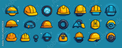 Flat construction helmet icons set in vector style.
