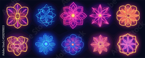 “colorful neon floral icons set in linear style - vector art of glowing flowers”.