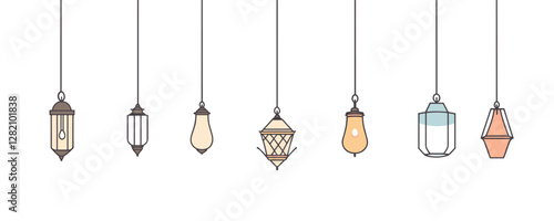 Modern flat vector icons set of hanging lamps in minimalist linear style.