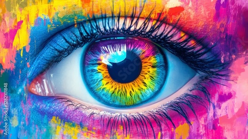 colorful eye with a glowing cosmic iris, vibrant and artistic composition, textured and radiant design, bold and futuristic tones