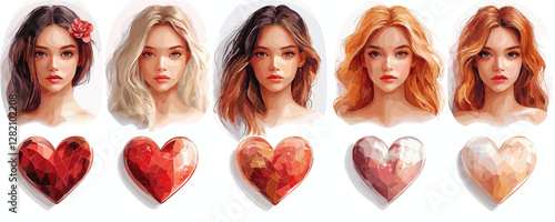 Flat icons set: diverse female faces with heart design elements.