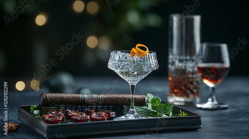 Elegant cocktail with garnish and cigar on a stylish tray, with blurred festive lights in background