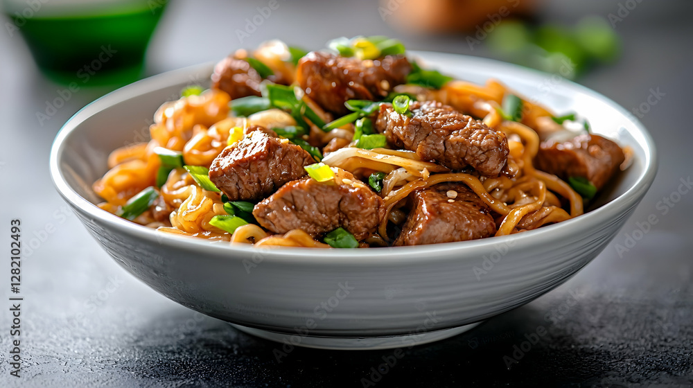 Beef noodle stir-fry in bowl, close-up shot Beef noodle stir-fry in bowl, close-up shot