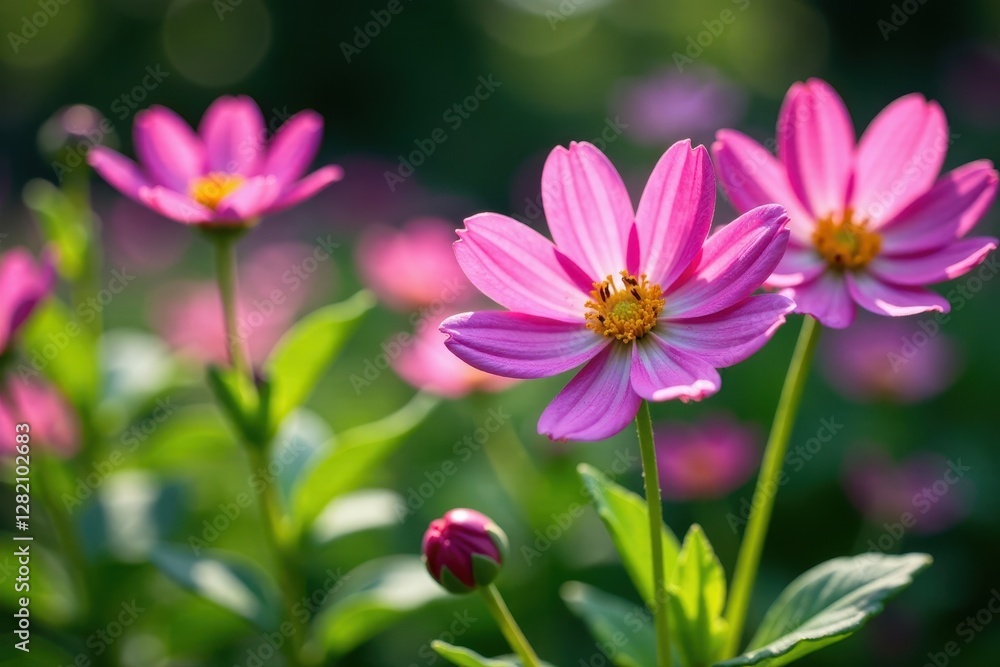 Pink and purple cape marguerite flowers blooming in a shaded area, landscape, nature Pink and purple cape marguerite flowers blooming in a shaded area, landscape, nature
