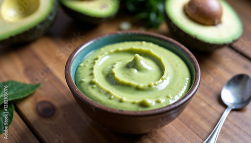Homemade avocado mask in a small bowl on a wooden table with fresh avocados nearby