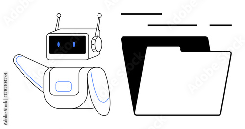 Friendly robot with antennas next to an open file folder, emphasizing digital data management and storage. Ideal for technology, AI, data organization, cloud storage, digital files, automation