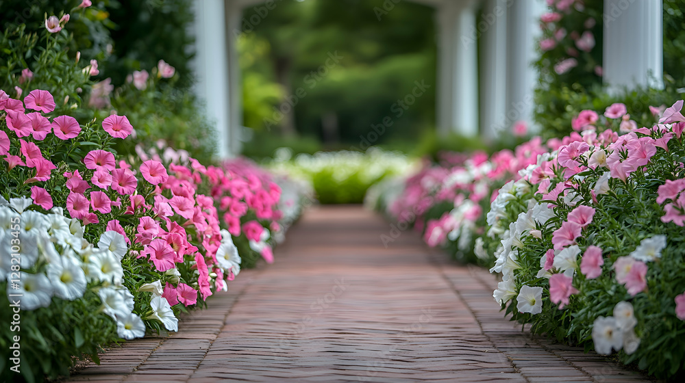 Fototapeta premium A serene garden filled with petunia flowers in soft pink and white hues, adding elegance to the pathway