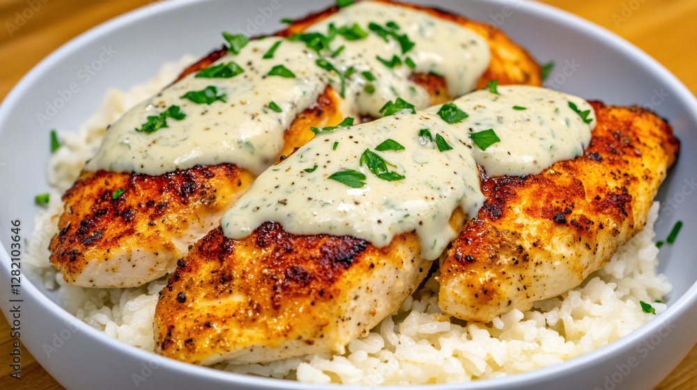 Grilled Chicken Breasts Topped with Creamy Sauce and Parsley Grilled Chicken Breasts Topped with Creamy Sauce and Parsley