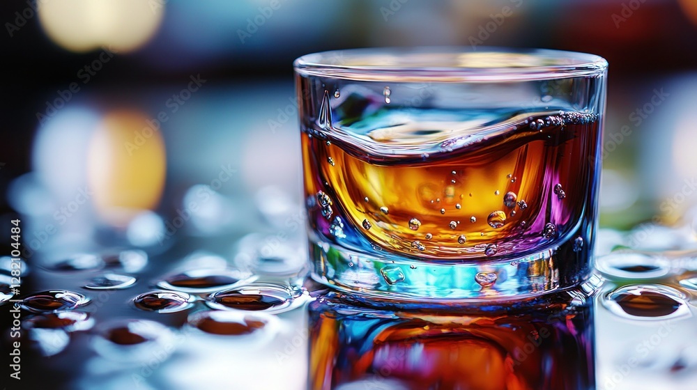 A glass of liquor is resting on a reflective surface with bokeh in background A glass of liquor is resting on a reflective surface with bokeh in background