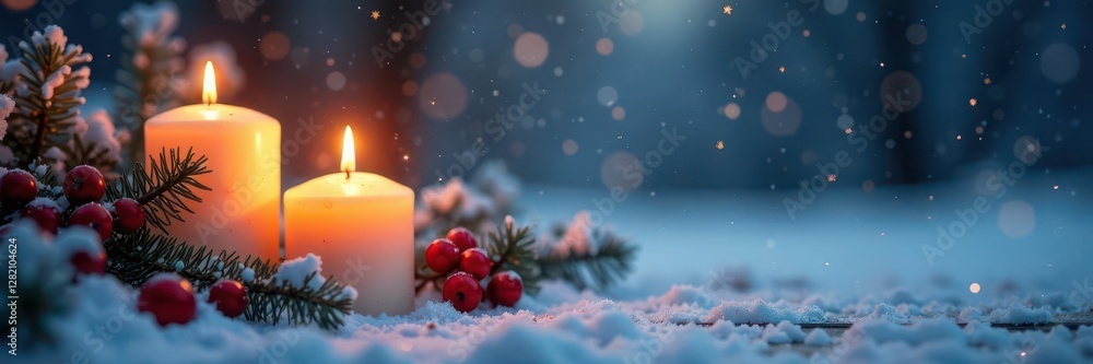 Softly glowing candles illuminate a snowy winter scene, festive, serene Softly glowing candles illuminate a snowy winter scene, festive, serene